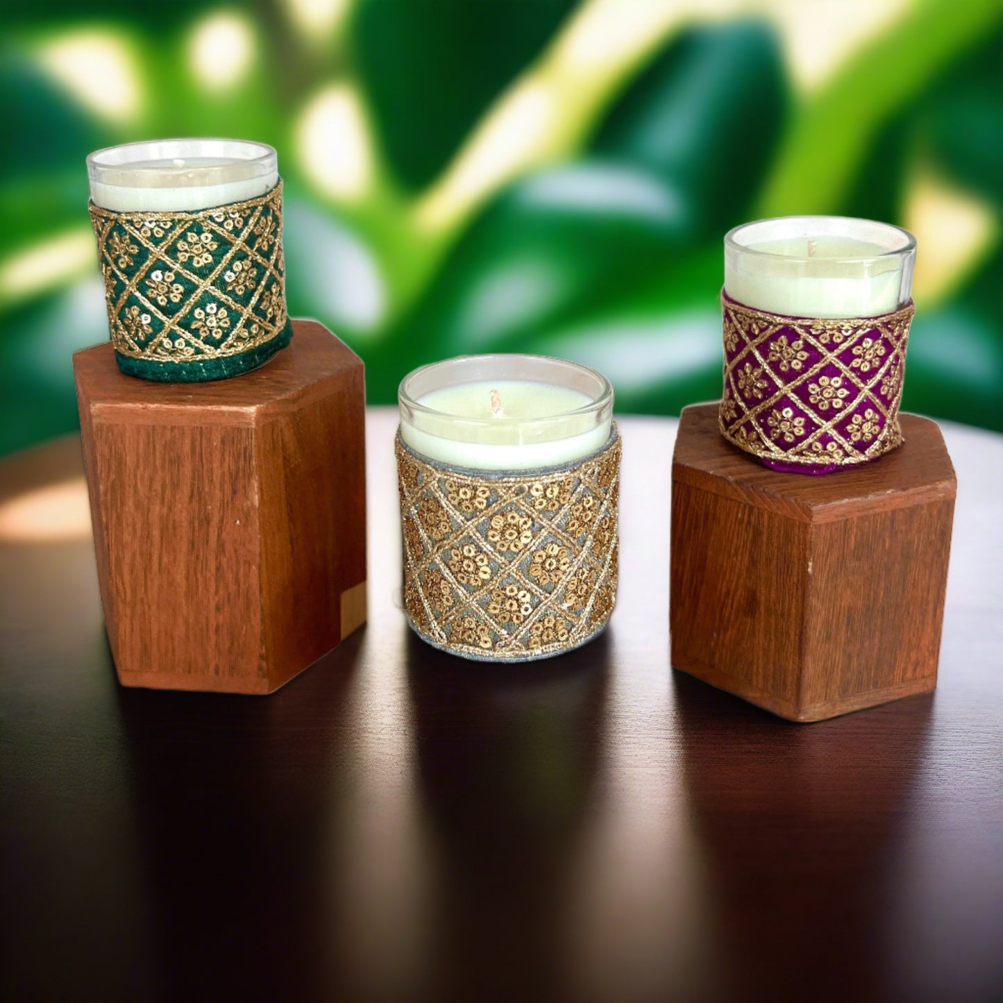 Trio Candles with embroidered sleeves
