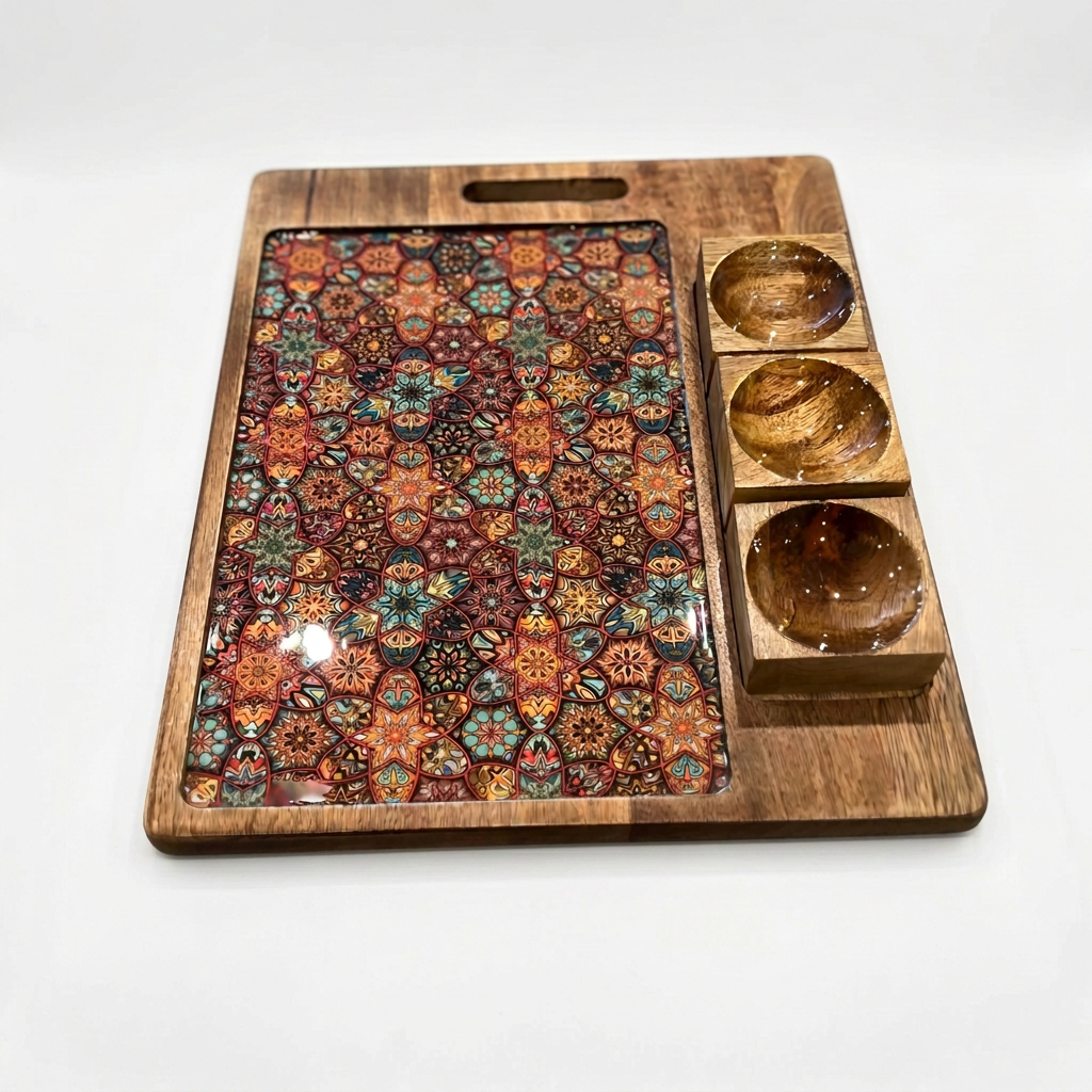 A rectangular wooden serving tray with a colorful geometric patterned insert and three raised circular cup compartments on the right side, photographed on a plain white background.
