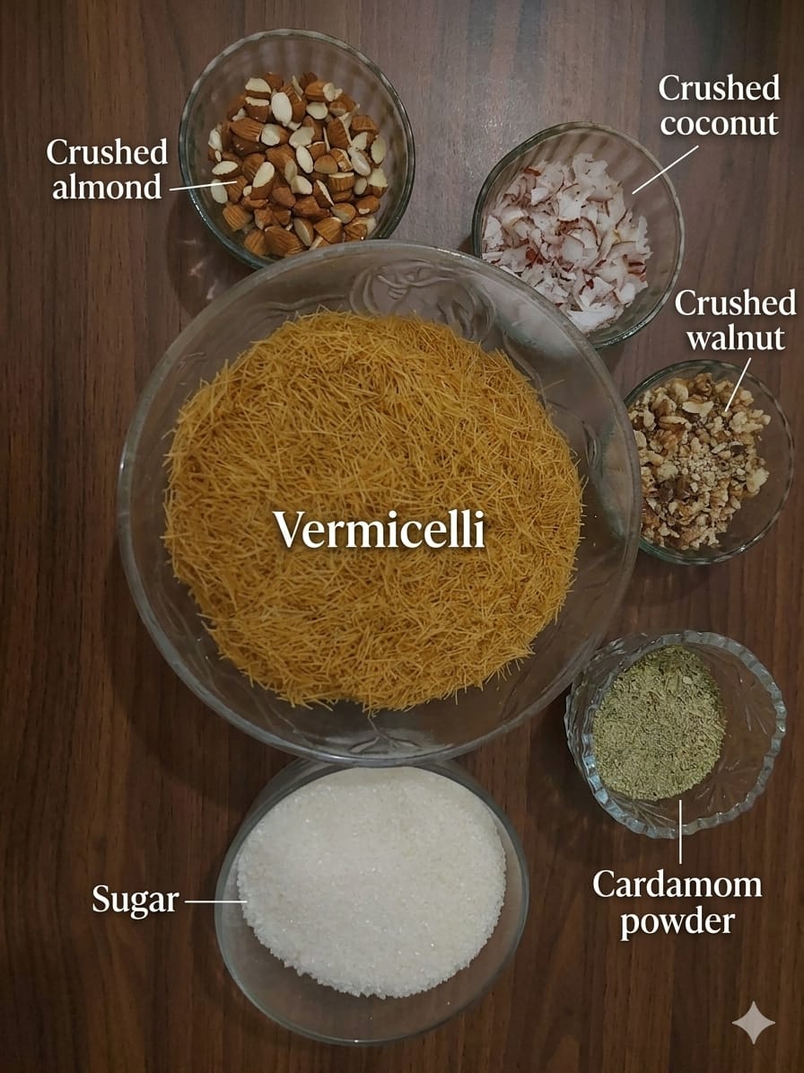 Ingredients for Sheer Khurma: Bowls of vermicelli, crushed almond, coconut, walnut, sugar, and cardamom powder on a wooden surface.