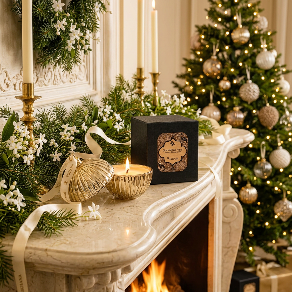A black square candle box with a decorative gold label sits on a marble fireplace mantel beside lit candles, a gold swan ornament, and holiday greenery. A decorated Christmas tree and warm fireplace glow are visible in the background.