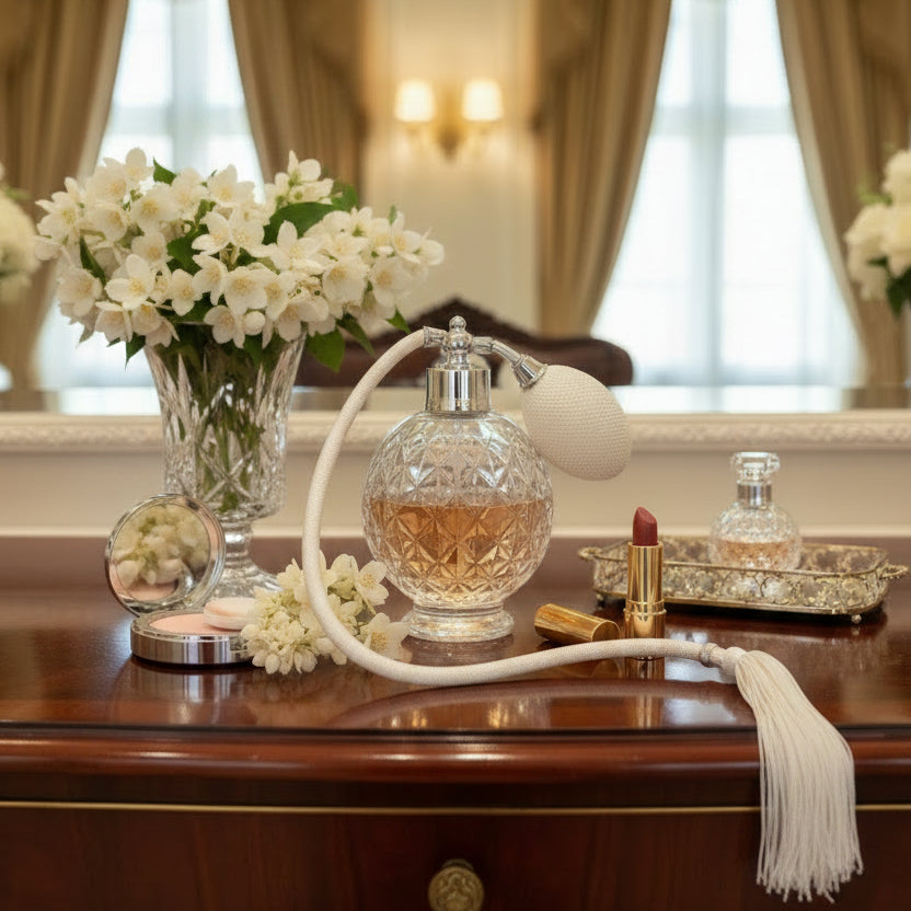 Crystal atomiser with textured spheres and tassel on a mahogony surface