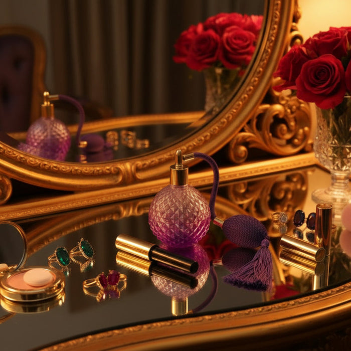 Sikhana Crystal Atomiser in purple on a gilded dressing table with red roses