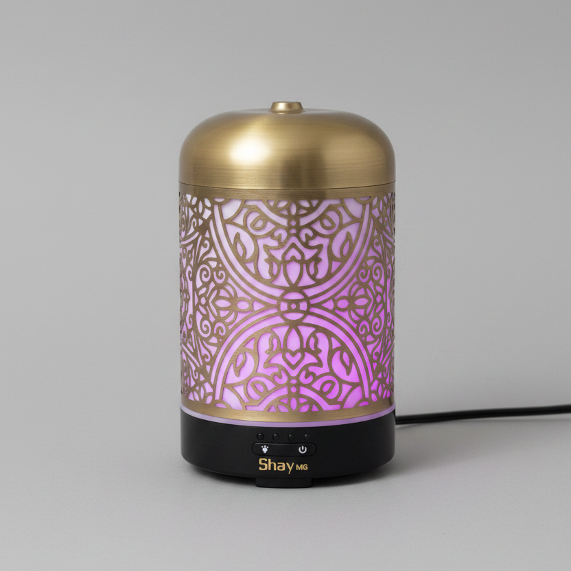 Decorative electric diffuser with intricate design on a stand in a store setting
