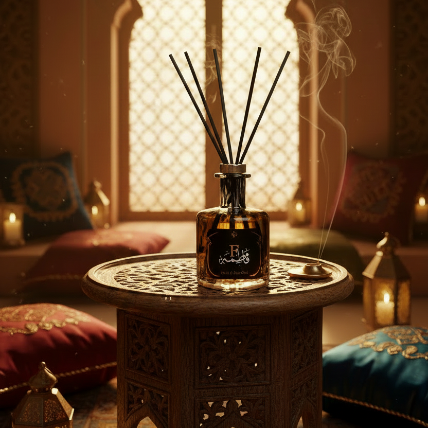 Reed Diffuser with black and brown glass packaging in a moroccan setting