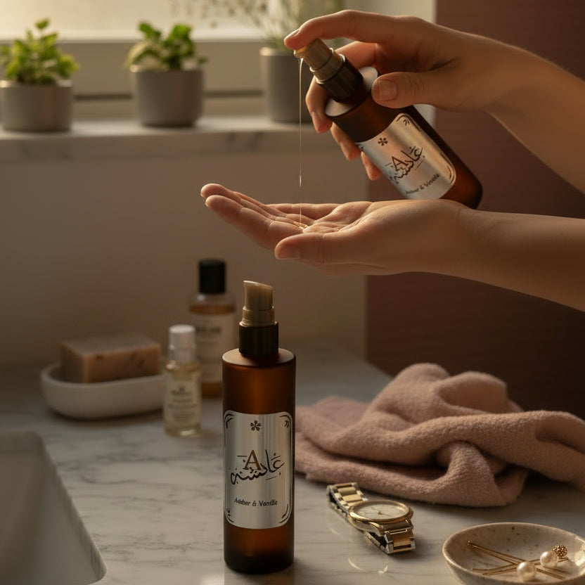 Skincare bottle with pump on a marble surface