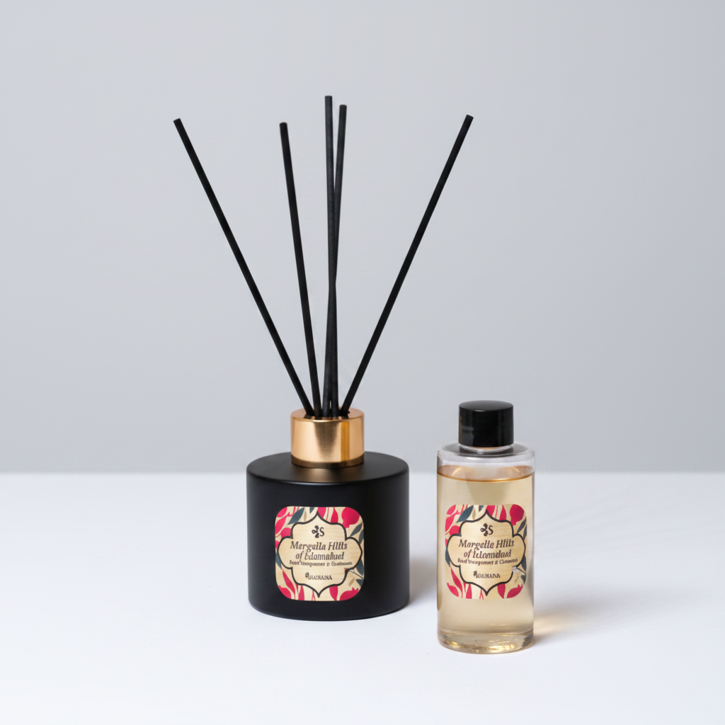 Reed diffuser and bottle with floral label on a neutral background