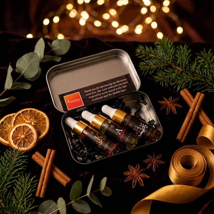 Small black metal case with glass oud droppers.