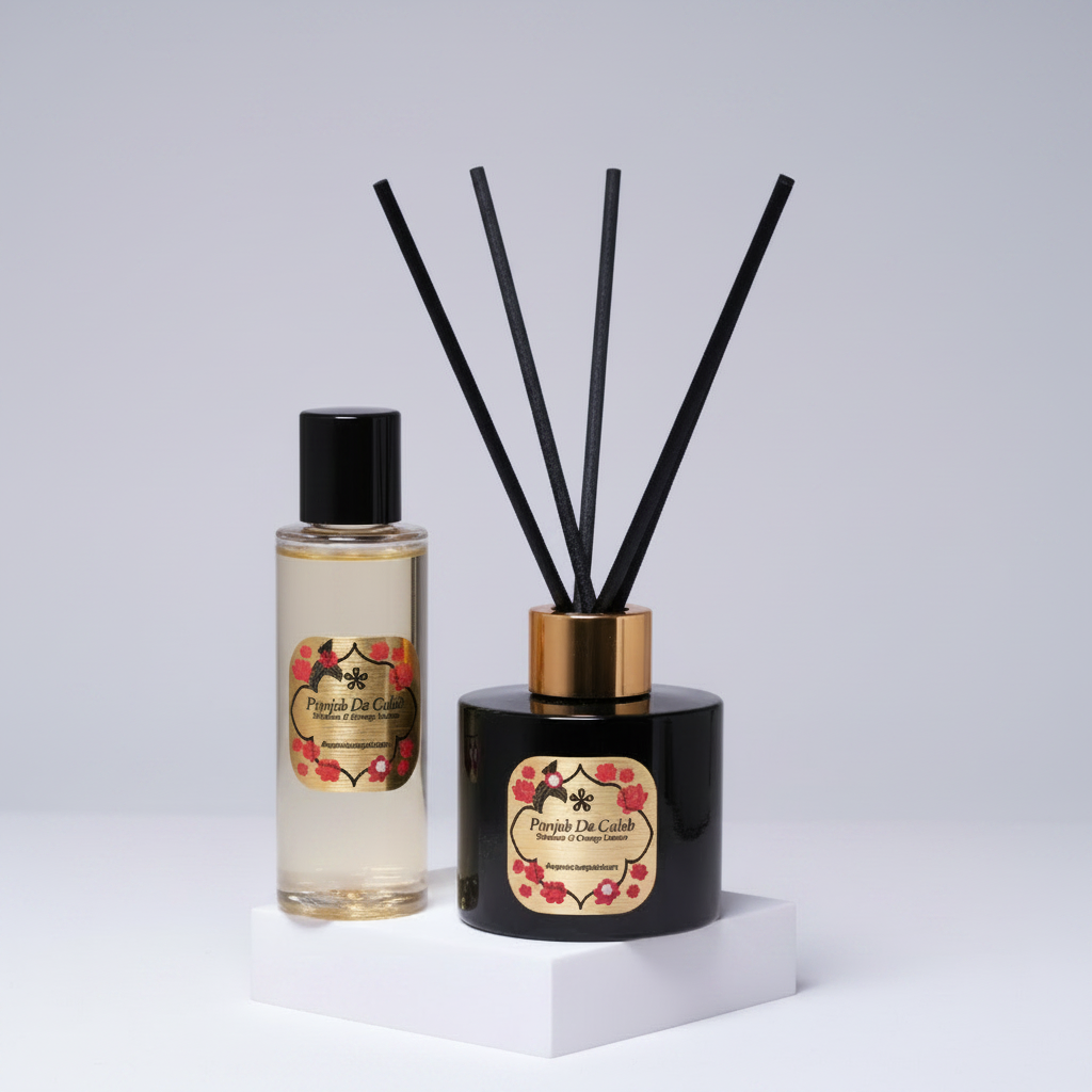 Reed diffuser set with bottle and sticks on a neutral background