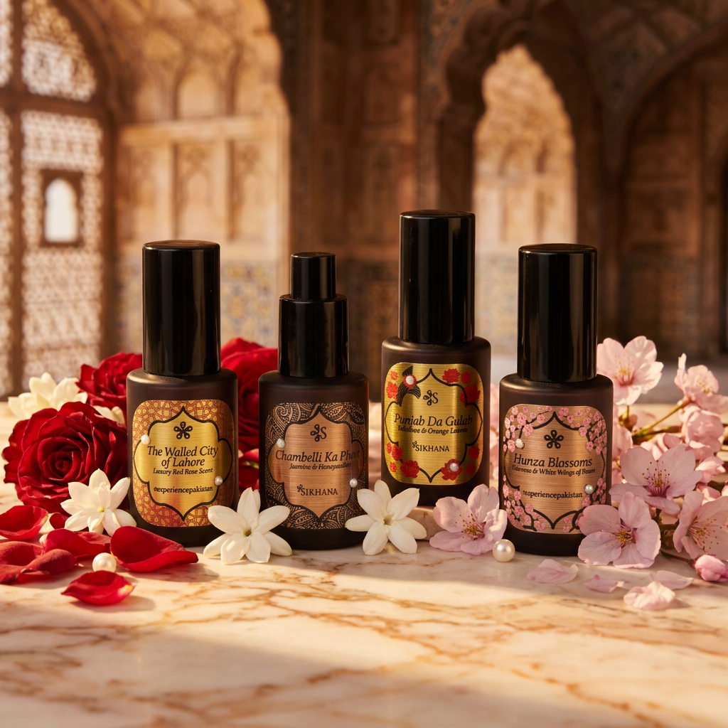 Selection of Sikhana Luxury Body Mists with roses and jasmine in a Mughal-inspired setting