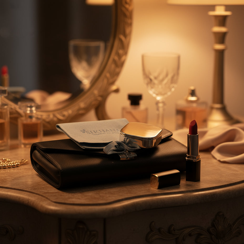 Silver compact mirror with blue pouch displaying 'Sikhana' brand on a white background