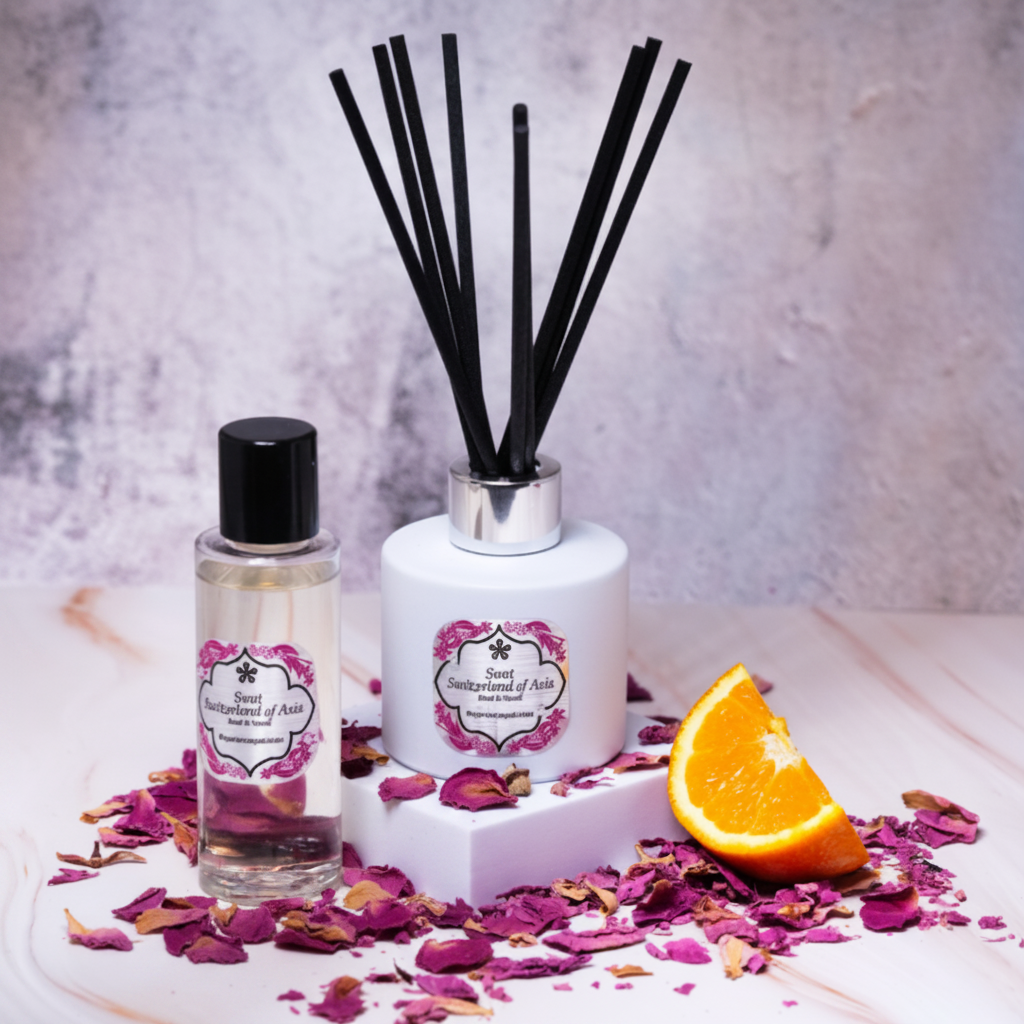 Diffuser set with black reeds, bottle, and decorative elements on a light surface.