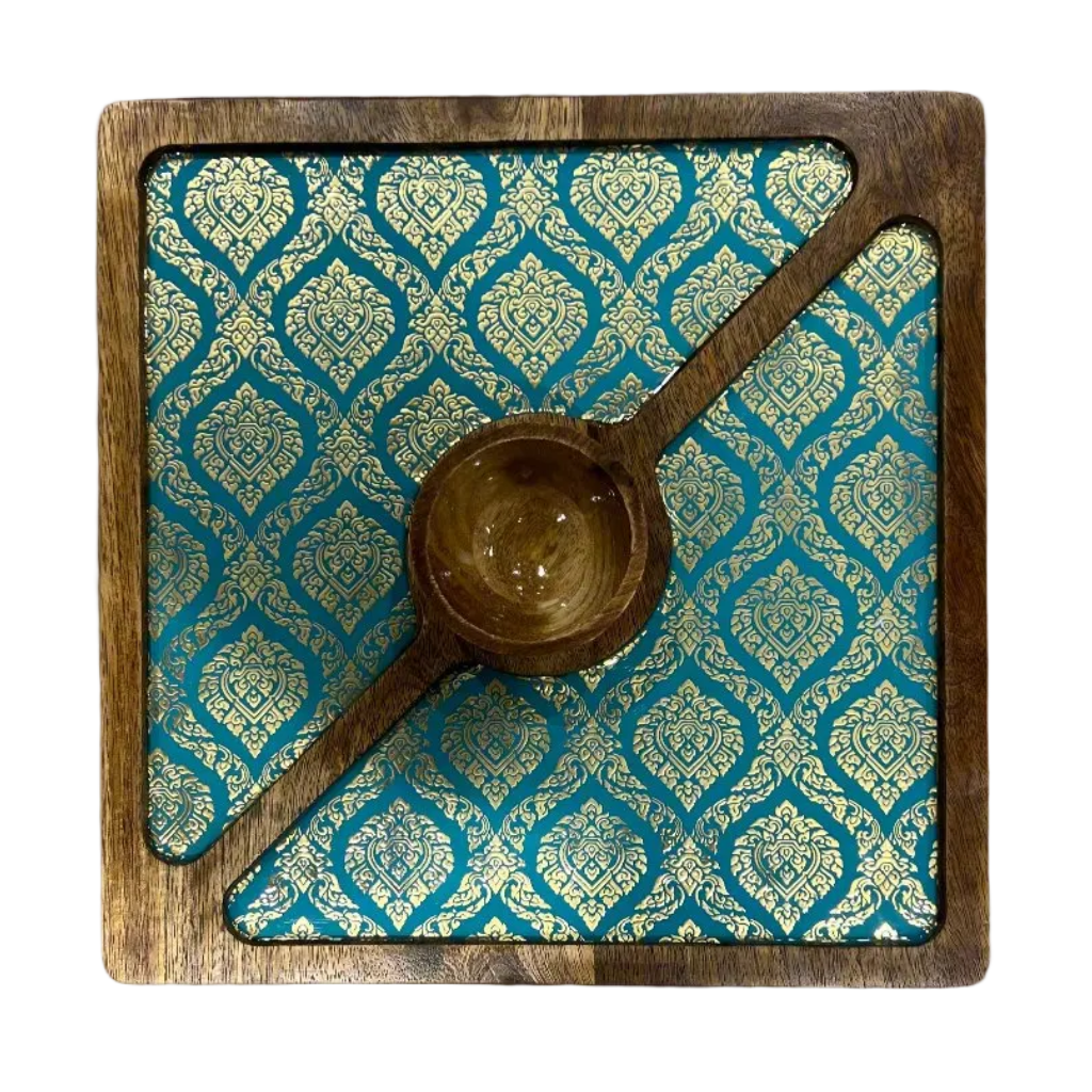 A square wooden serving tray with a carved gold-toned damask pattern insert and a central wooden bowl, shown from a top-down view on a white background.
