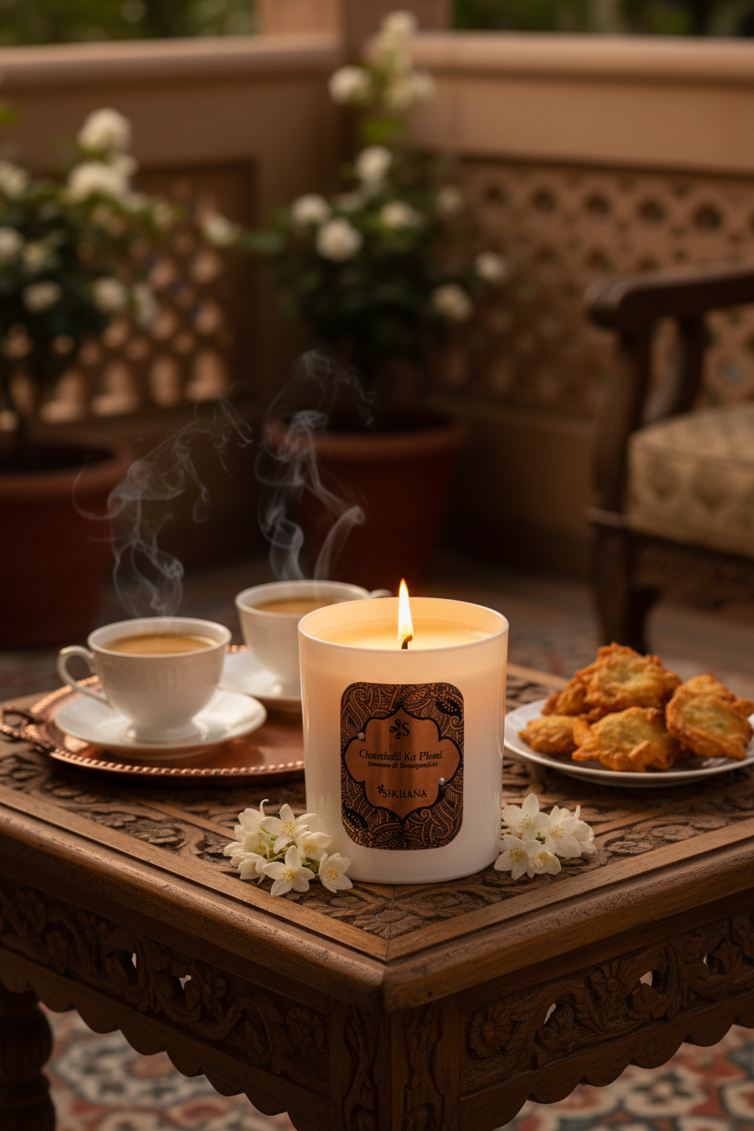 Chambelli Ka Phool — candle single flame, china cups with chai, pakoras