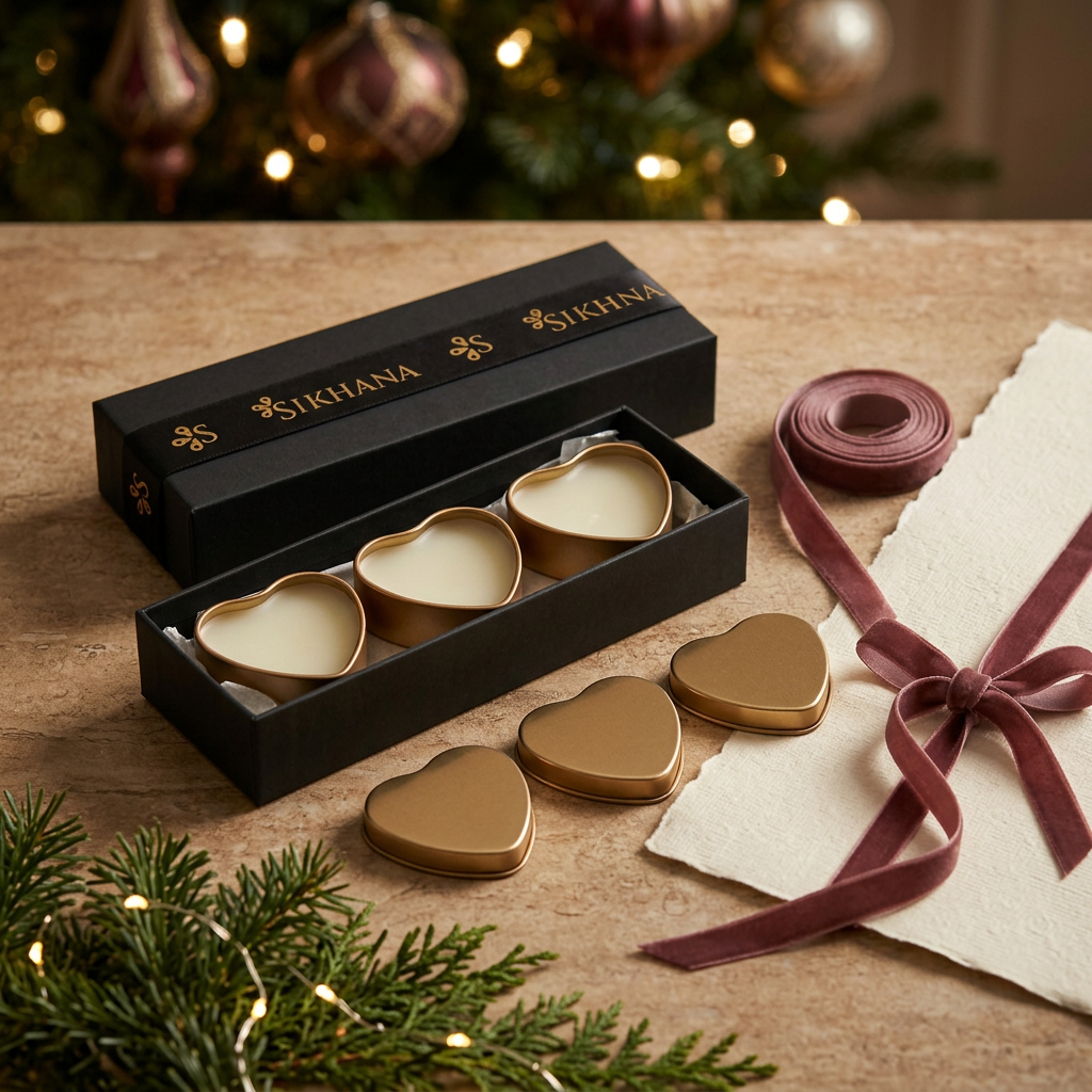 Three open heart-shaped solid perfumes in a black Sikhana gift box in a Christmas gifting setting