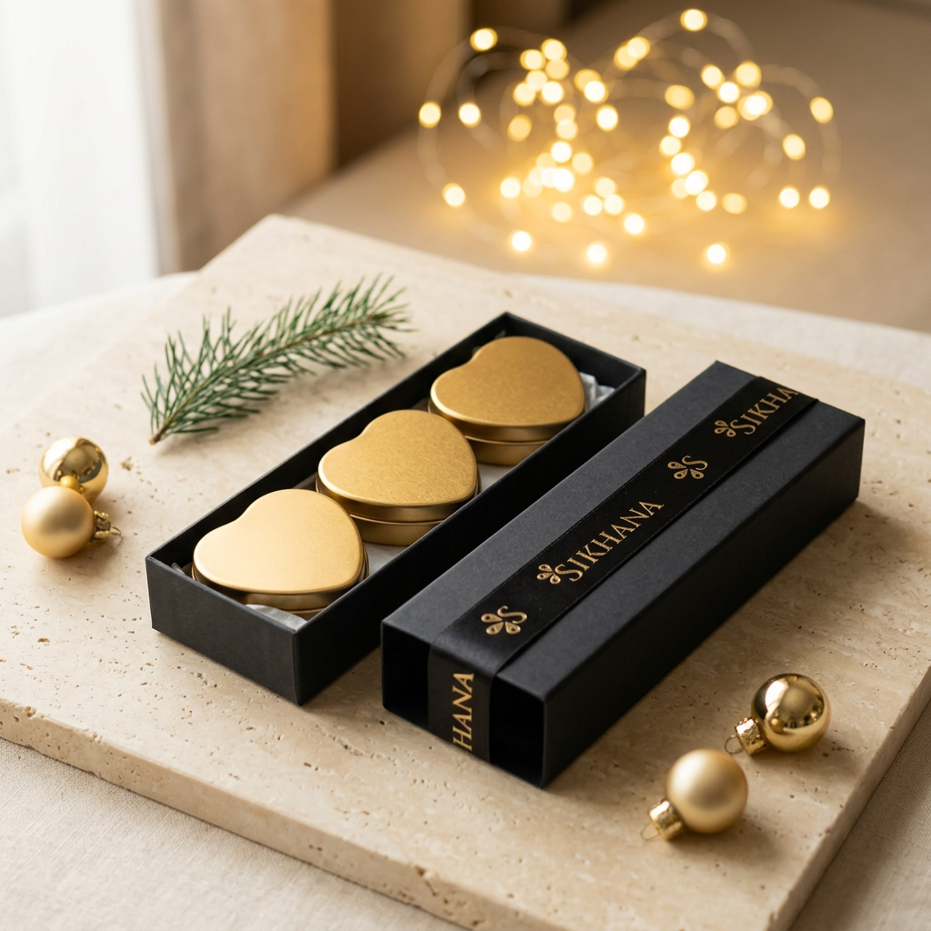 Sikhana three-piece solid perfume gift set styled with evergreen foliage, gold baubles and festive lights