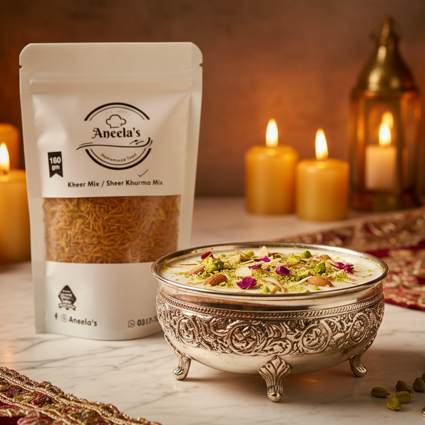 Aneela's Kheer served in an ornate silver bowl garnished with pistachios, almonds and rose petals