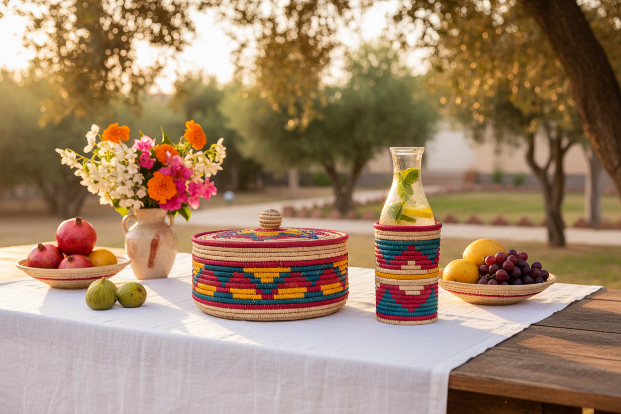 Handwoven Sindh date palm leaf baskets and bottle holders styled for al fresco summer dining, golden hour light