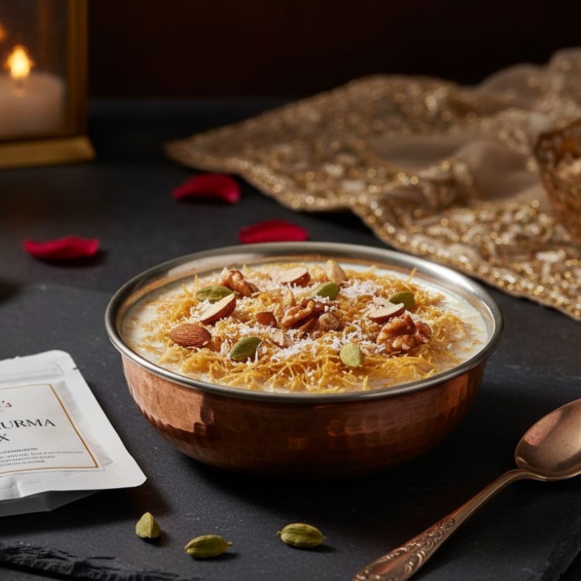 Aneela's Sheer Khurma served in a copper bowl garnished with almonds, coconut and cardamom