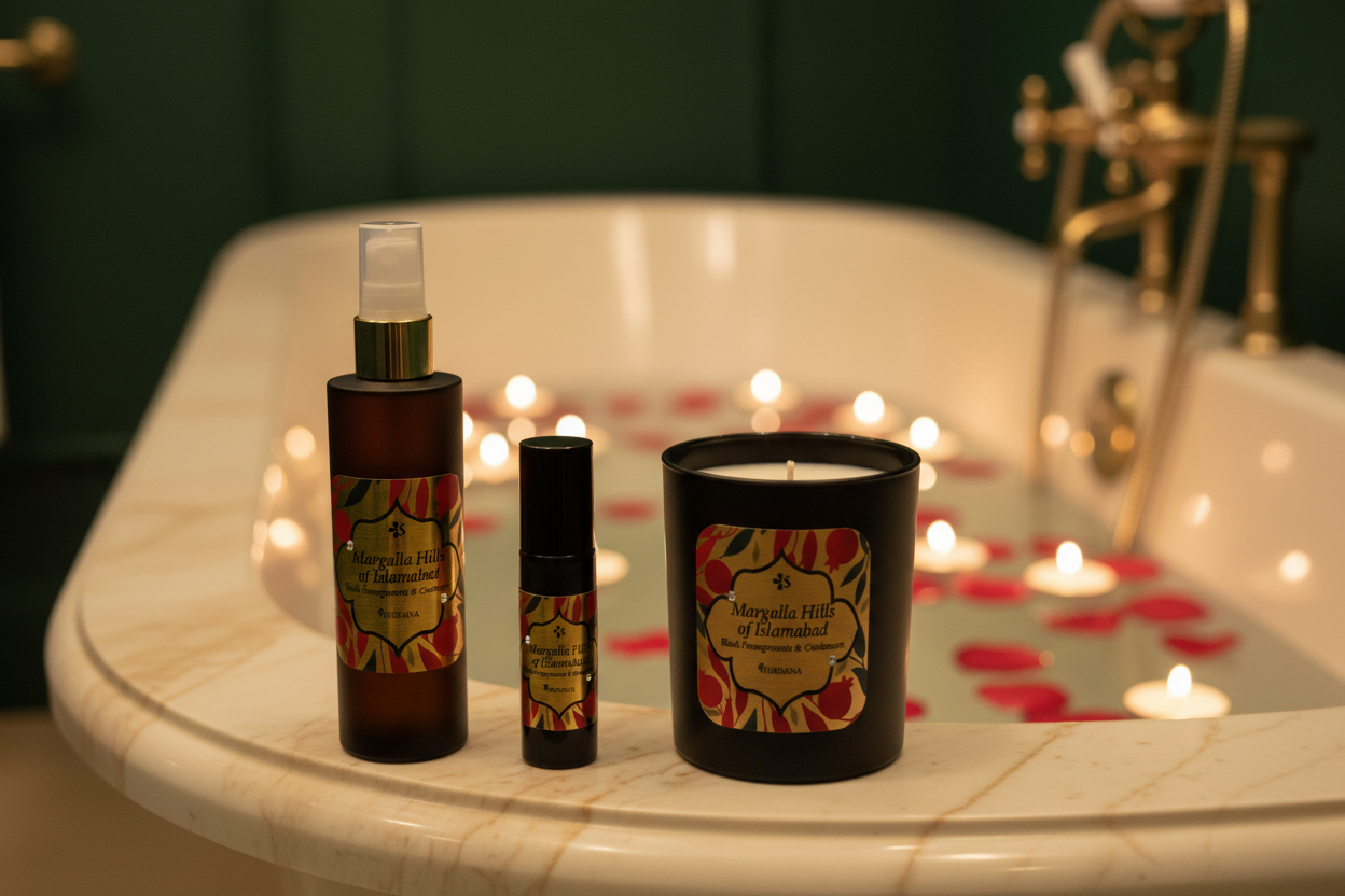 Margalla Hills — bathroom hero, candle replacing bath salts