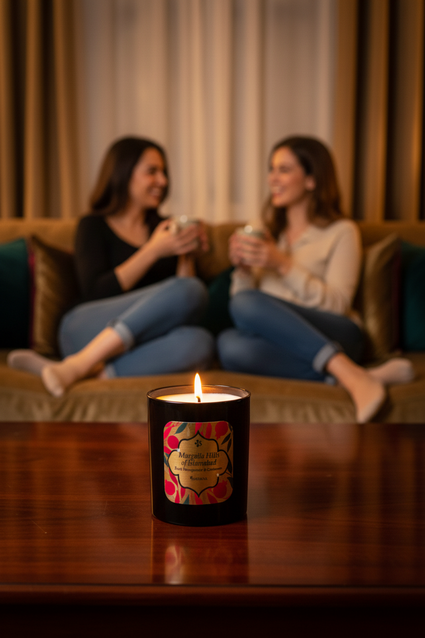 Margalla Hills — candle on coffee table, two friends on sofa