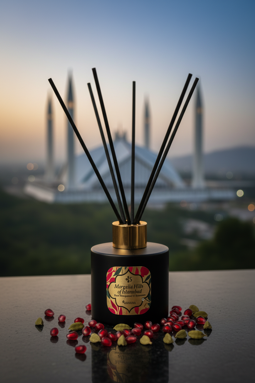 Margalla Hills — reed diffuser, Faisal Mosque bokeh at dusk