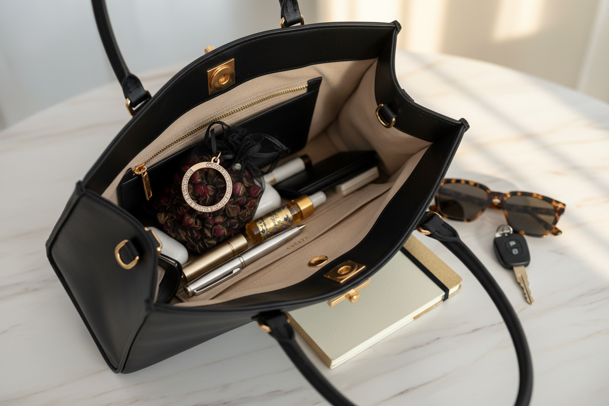 Pouch inside open handbag