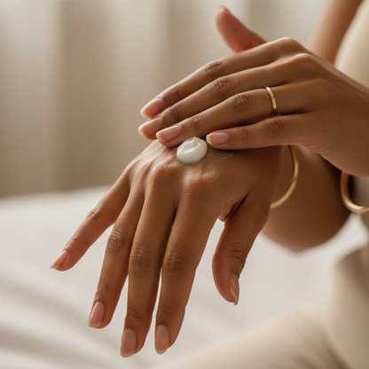 Person applying cream to their hand with a blurred background